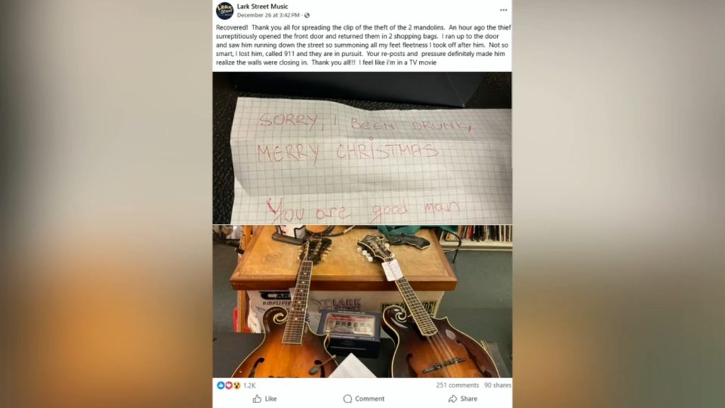 Man who stole mandolins from Teaneck, New Jersey store returns them with note saying ‘sorry I been drunk. Merry Christmas’ Man who stole mandolins from Teaneck, New Jersey store returns them with note saying 'sorry I been drunk. Merry Christmas'
