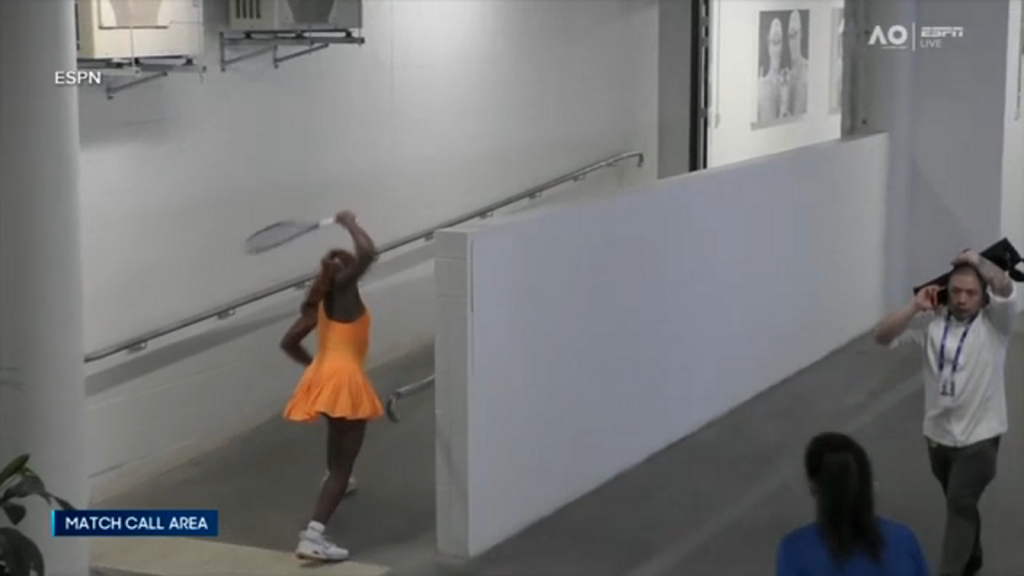 Coco Gauff smashes racket in frustration after Australian Open loss to Elina Svitolina, video shows Coco Gauff smashes racket in frustration after Australian Open loss to Elina Svitolina, video shows