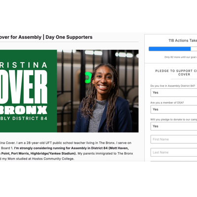 DSA member Christina Cover weighing Assembly bid in the South Bronx DSA member Christina Cover weighing Assembly bid in the South Bronx