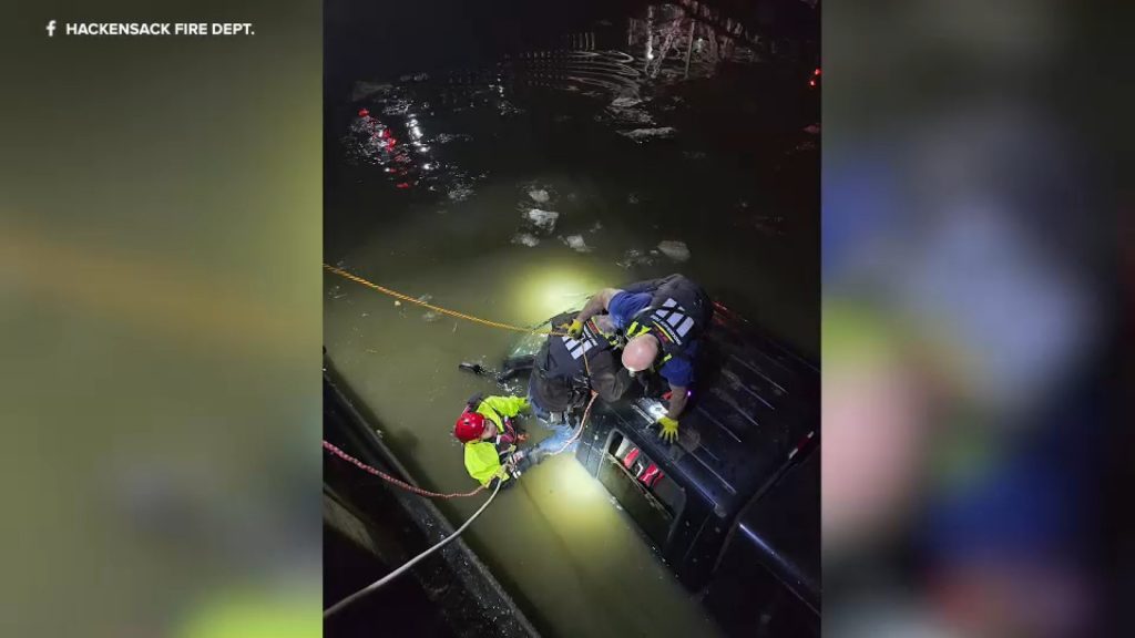 Firefighters rescue person trapped in vehicle that plunged into Hackensack River Firefighters rescue person trapped in vehicle that plunged into Hackensack River