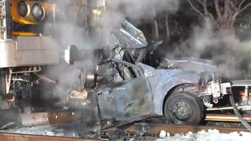 LIRR train crashes into vehicle on the tracks at Little East Neck Road crossing east of the Pinelawn station on Long Island
