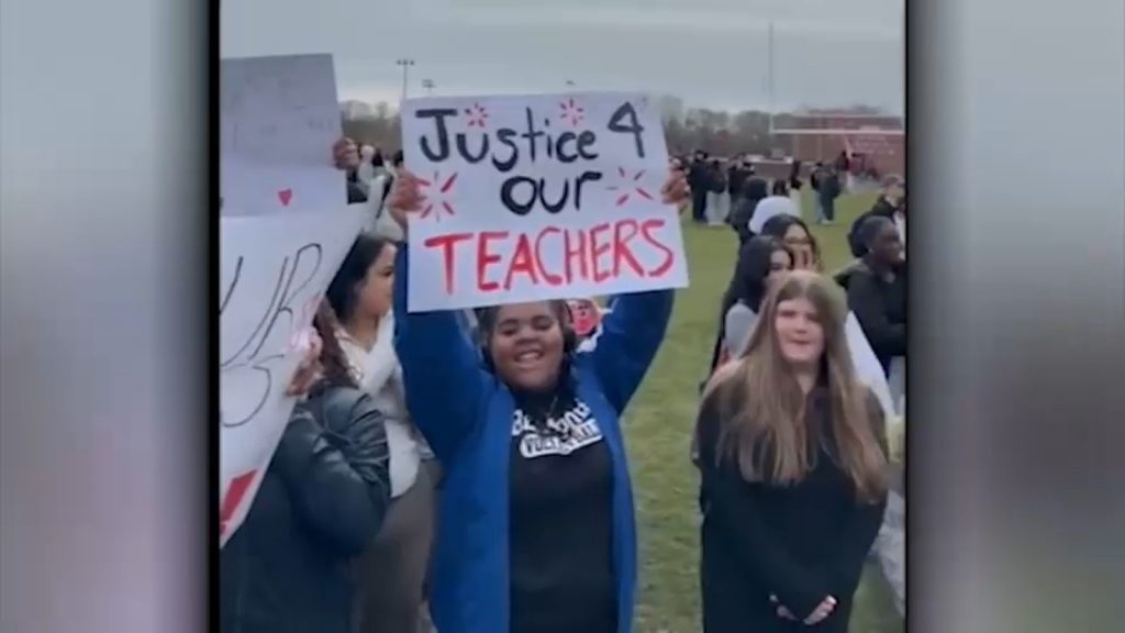 Bellport High School students stage walkout in protest of South Country School District's proposal to cut jobs