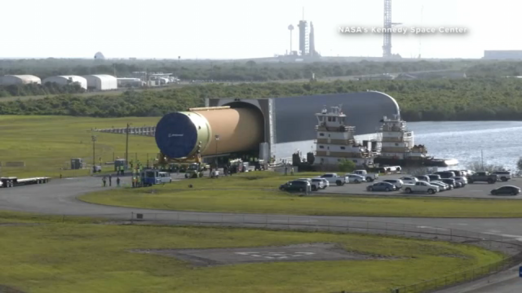 Core rocket for upcoming Artemis III mission arrives at Kennedy Space Center