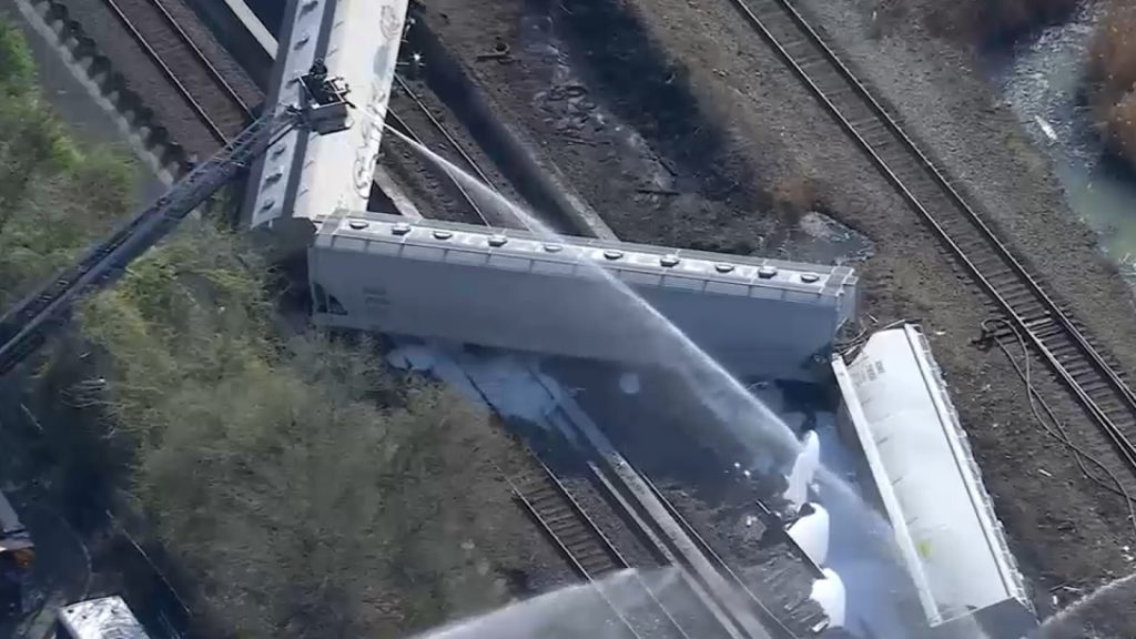 Freight train derails in North Bergen, NJ; cleanup continues after containers spill flammable liquid