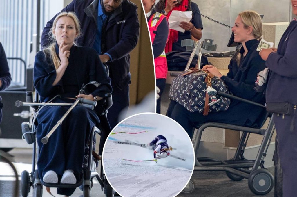 Lindsey Vonn seen in wheelchair in airport after Olympic crash