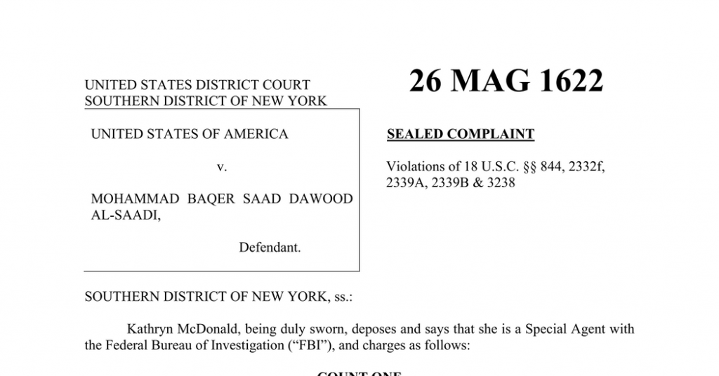 Criminal Complaint Filed Against Mohammad Baqer Saad Dawood al-Saad