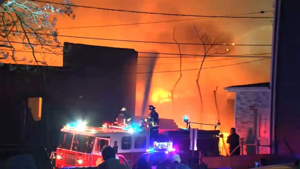 Dangerous warehouse fire consumes entire block in Belleville, New Jersey; families evacuated
