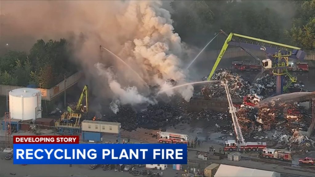 Large junkyard fire in Camden, New Jersey, at EMR Recycling plant at center of environmental lawsuit