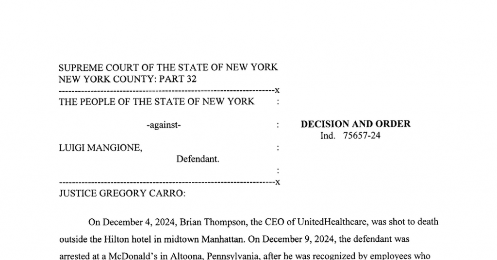 Read the judge’s decision on evidence in the Luigi Mangione state murder trial.